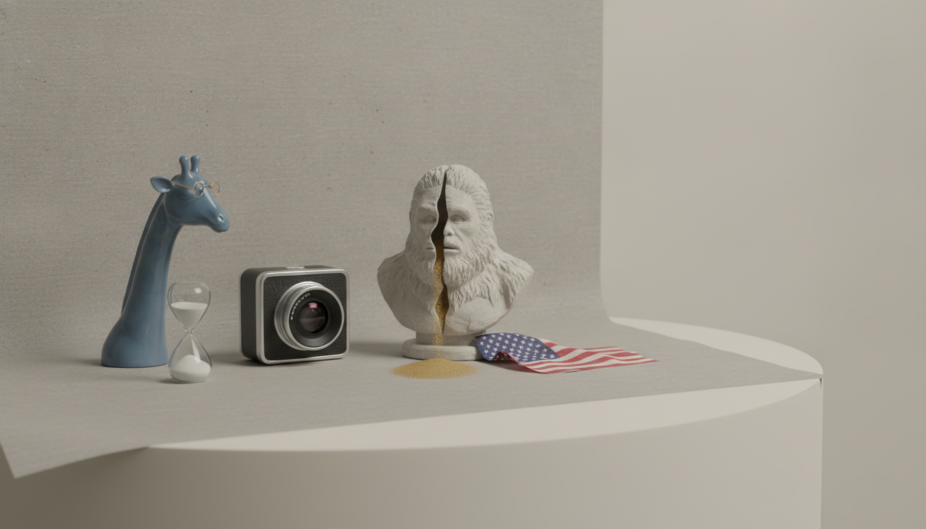 A blue giraffe figurine, hourglass, vintage camera, and a split Bigfoot bust with sand pouring out are on a gray surface with an American flag.
