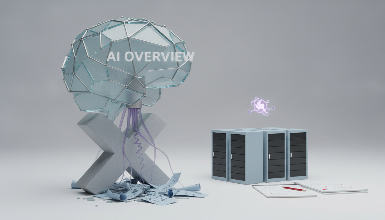 Glass-like brain structure above a broken X shape beside server racks, with scattered papers, cables, and a small glowing symbol.