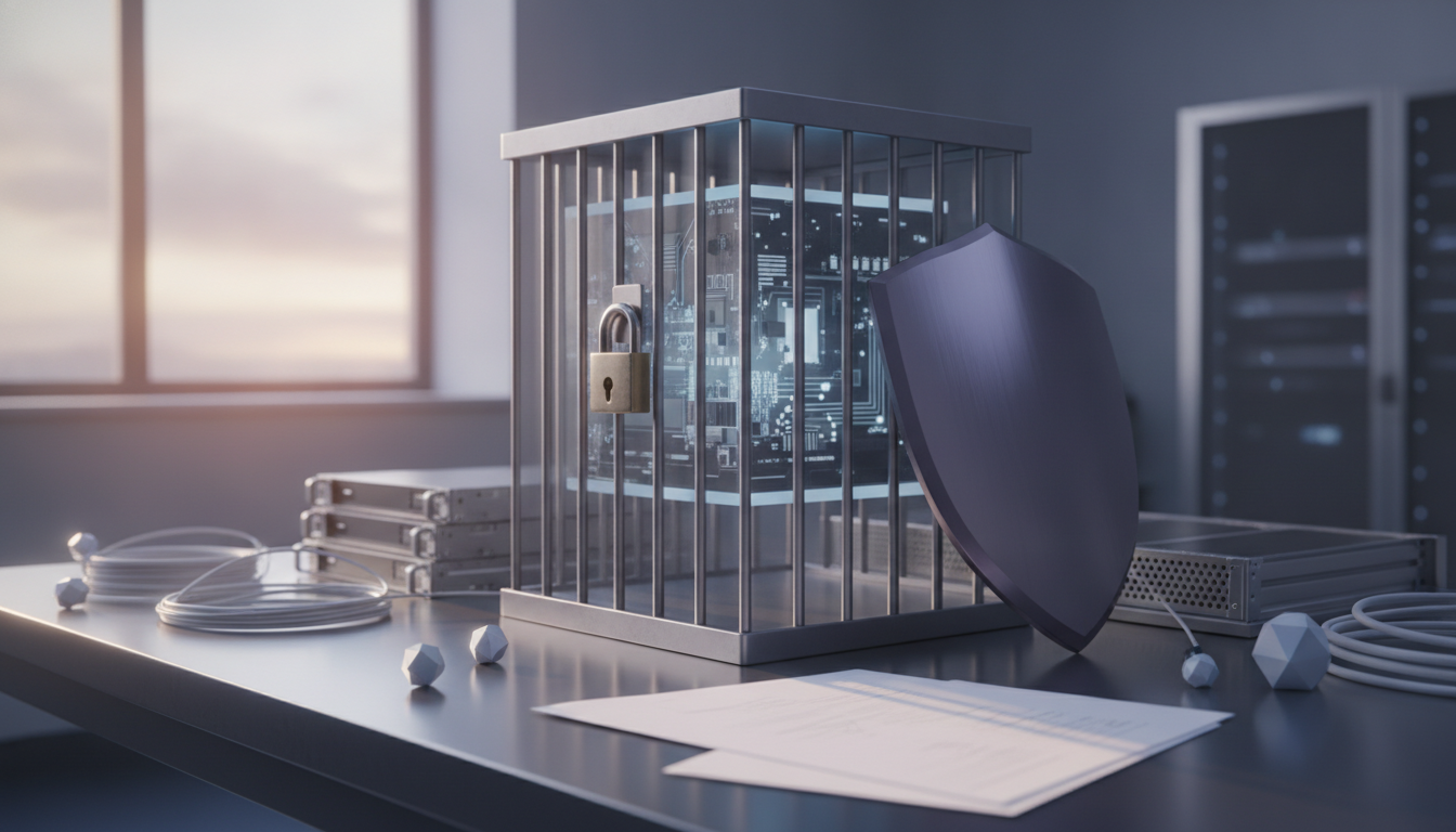 a glass cage with a padlock and a shield sitting on a desk with cables, papers, and small geometric objects