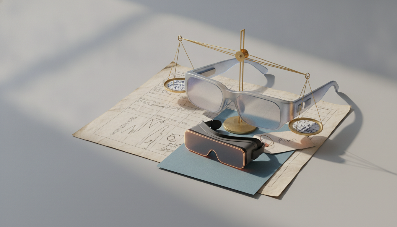 a pair of glasses balanced on a small brass stand over papers, with a dark visor resting in front