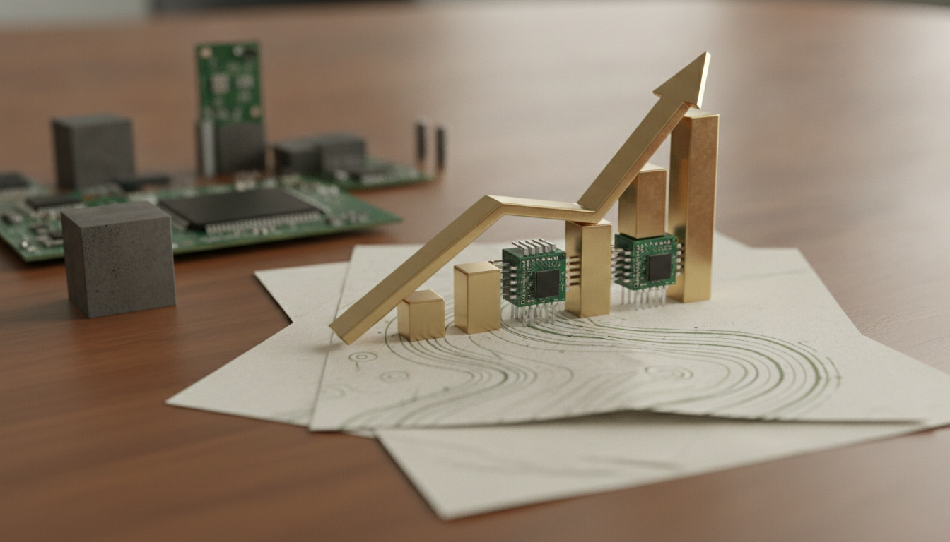 gold geometric bars and small circuit boards stand on stacked paper sheets on a wooden table, with a blurred circuit board in the background