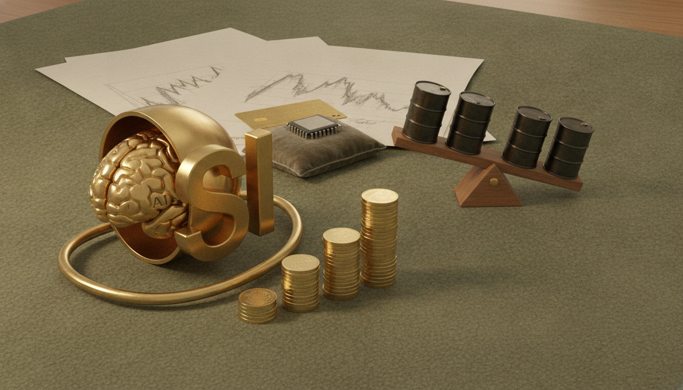 A gold metallic brain beside large letters, stacks of coins, black cylinders on a balance beam, and papers with sketches on a table.