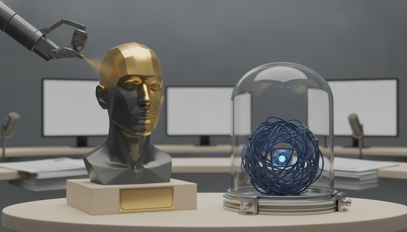 A gold and dark bust sits beside a glass dome holding a blue tangled sphere on a round table.