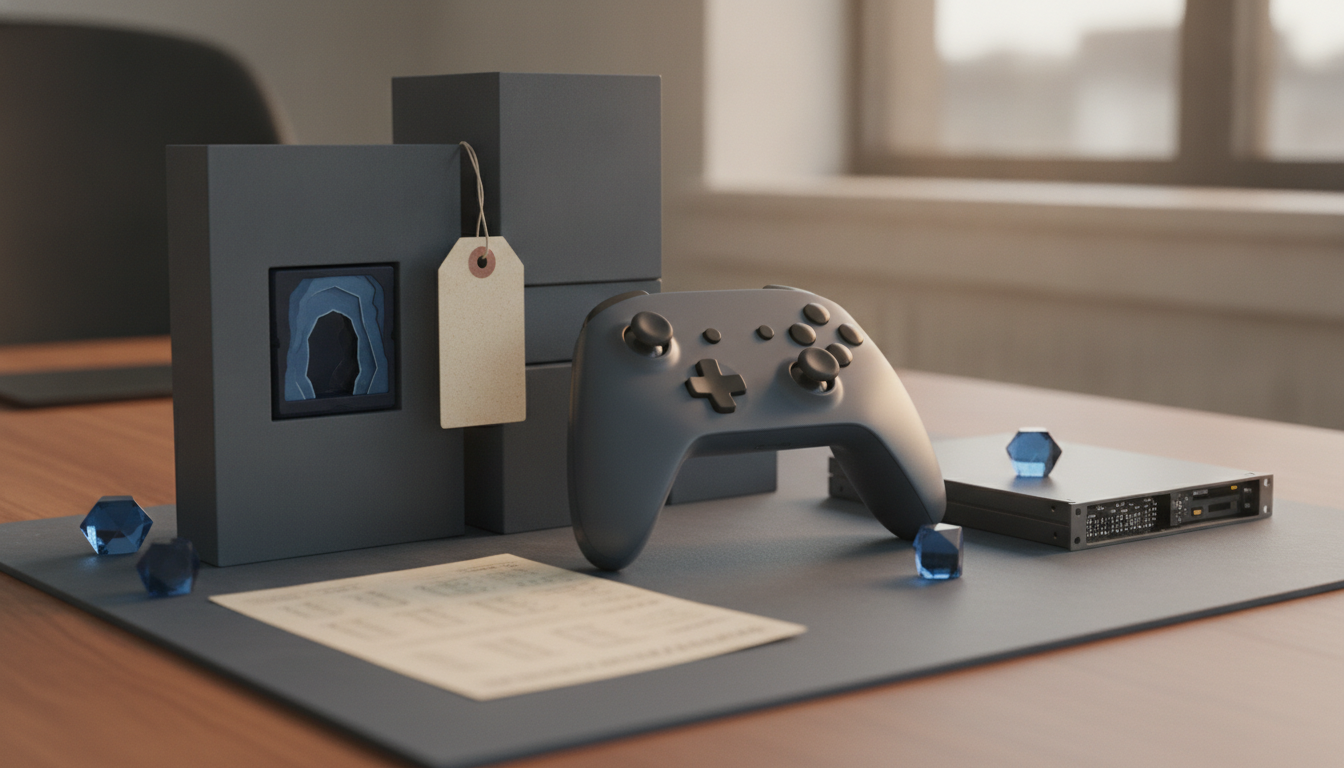 A gray game controller sits beside stacked boxes, blue gem-like pieces, a hanging tag, and a small device on a desk.