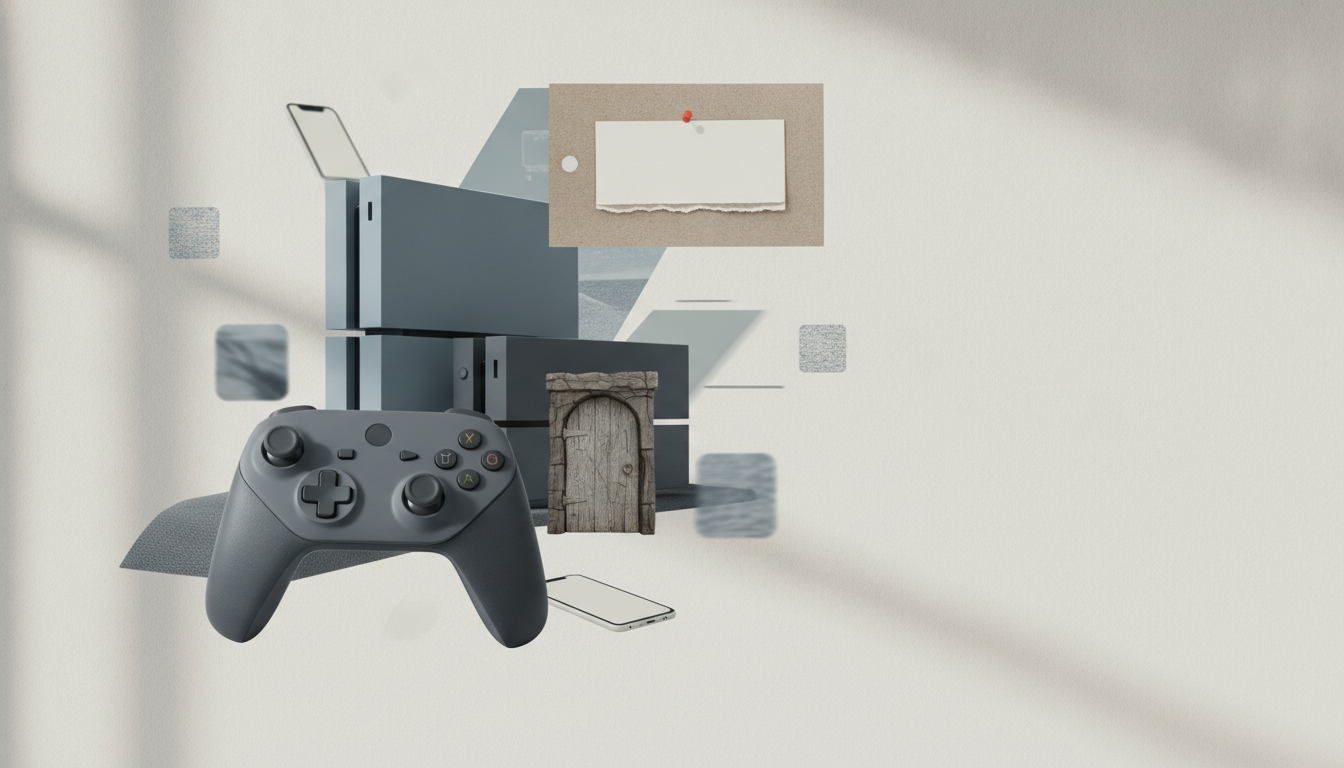A gray video game controller, stacked consoles, a wooden door, and a pinned note are surrounded by abstract shapes and two smartphones on a light background with shadows.