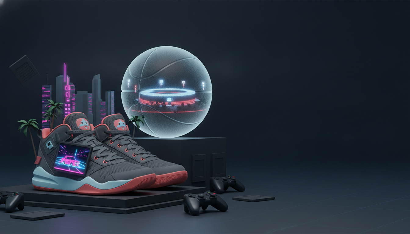A pair of gray sneakers with pink and blue accents sits on a dark platform beside a glowing sphere, city towers, and game controllers.