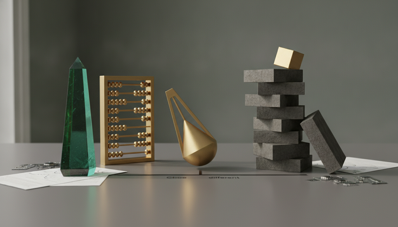 A green crystal, an abacus, a gold geometric sculpture, and a stack of gray blocks sit on a table.