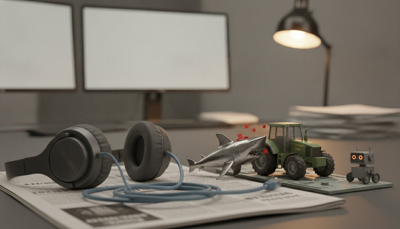 Dark grey headphones with a blue cable lie on a newspaper next to a silver shark, a green toy tractor, and a small grey robot on a circuit board, with two blank monitors and a