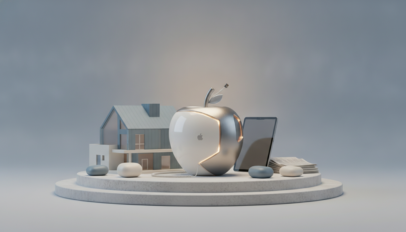 a small house model, a metallic apple-shaped object, a tablet, stacked papers, and pebble-like pieces on a round platform