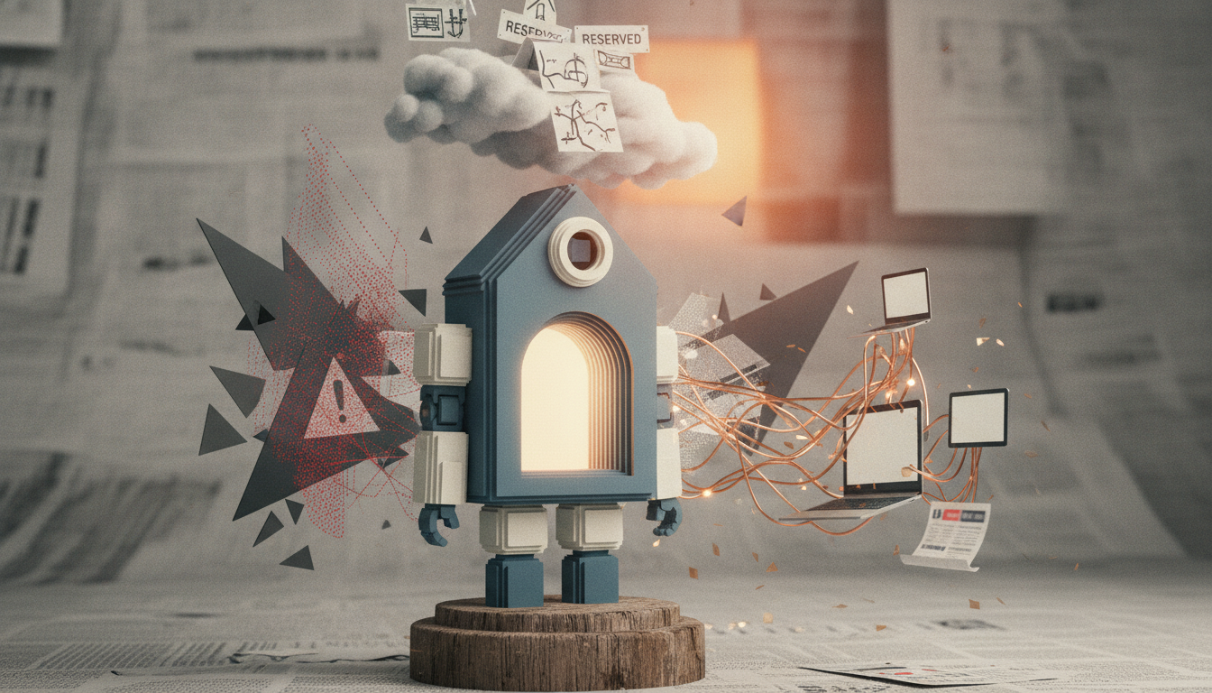 A house-shaped robot on a wooden pedestal, with abstract shapes, a cloud with papers marked 'RESERVED', and laptops connected by wires, against a blurred newspaper background.