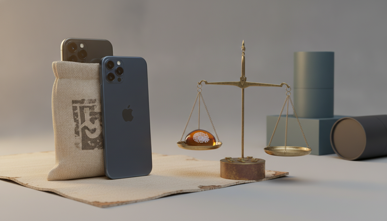 Two iPhones, a burlap sack, and a brass balance scale with an amber sphere on one pan are on a light surface, with muted blue shapes in the background.