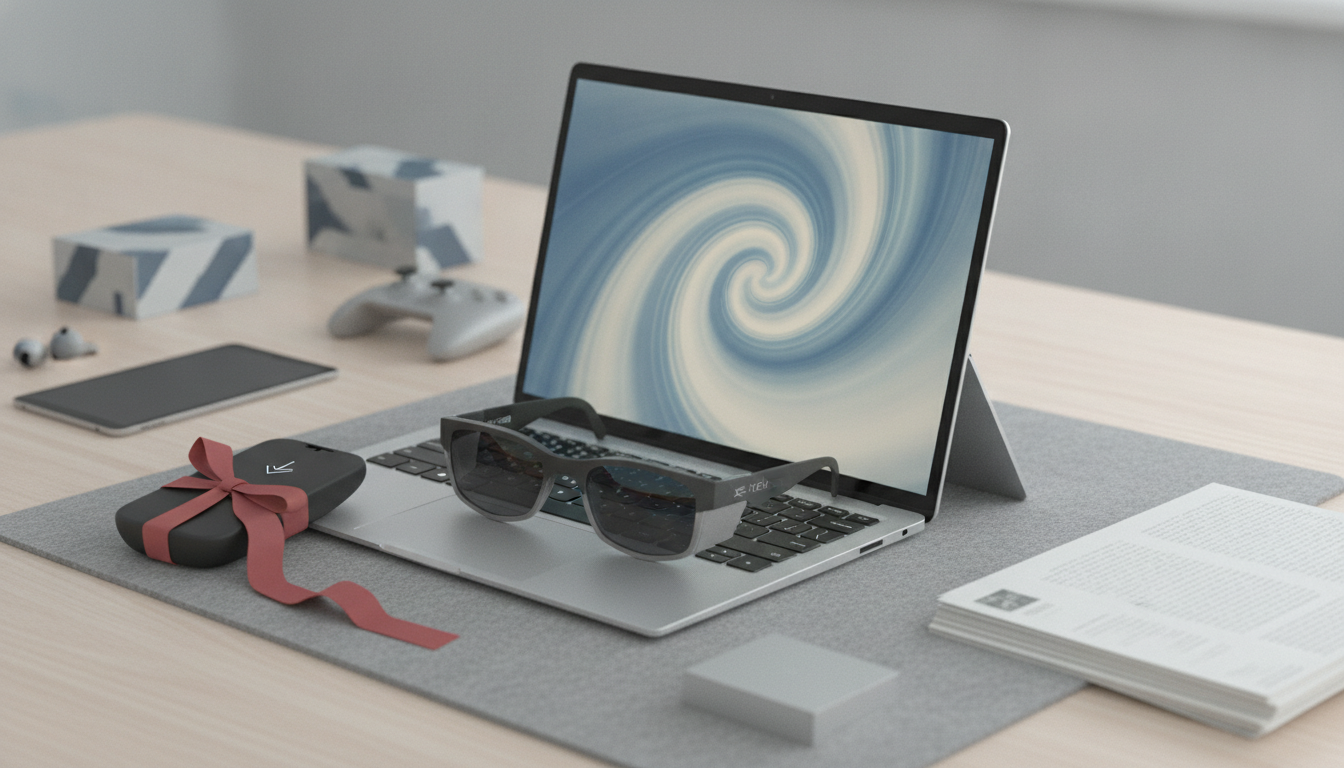 A laptop on a desk with sunglasses on the keyboard, a ribboned case beside it, and other small gadgets nearby.