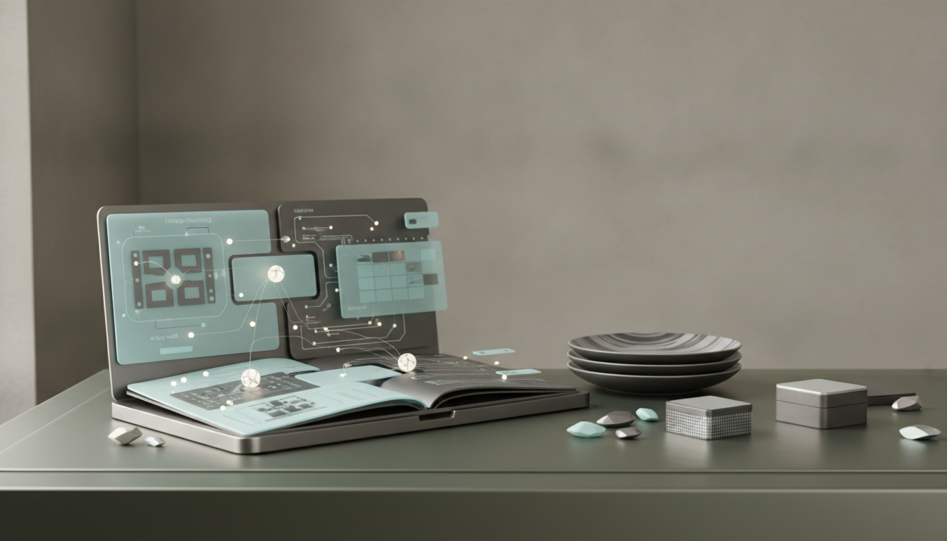 A laptop displays translucent interface panels beside stacked plates, small boxes, and scattered stones on a muted tabletop.