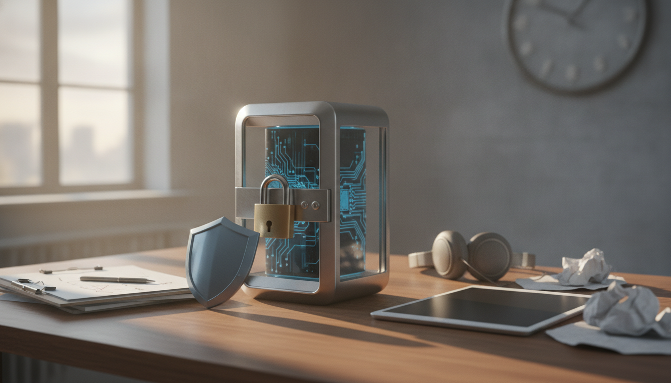 A locked glass case sits on a wooden desk beside a shield, tablet, notebook, headphones, and crumpled paper.