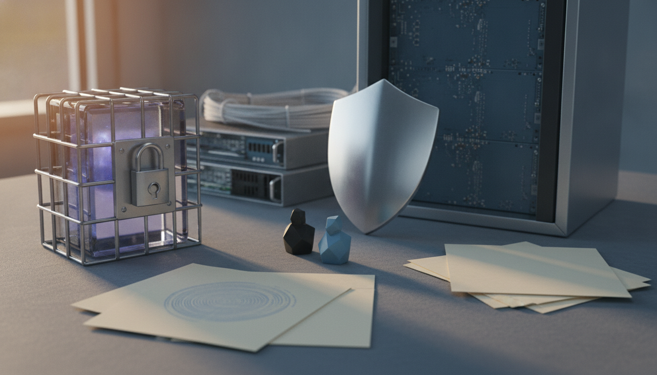 A locked glass case, metal servers, a white shield, two small figurines, and scattered papers on a tabletop.