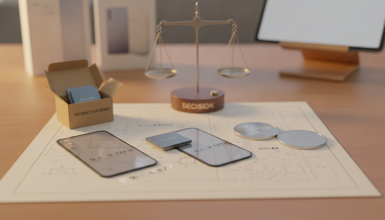 a desk with a balance scale, two smartphones, two round tokens, a small box, and papers