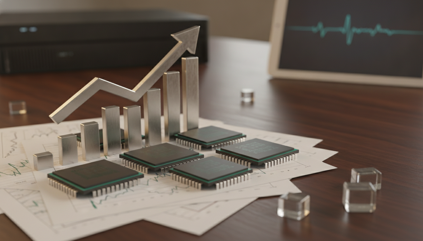 microchips on papers with rising metal bars and an upward arrow on a wooden desk
