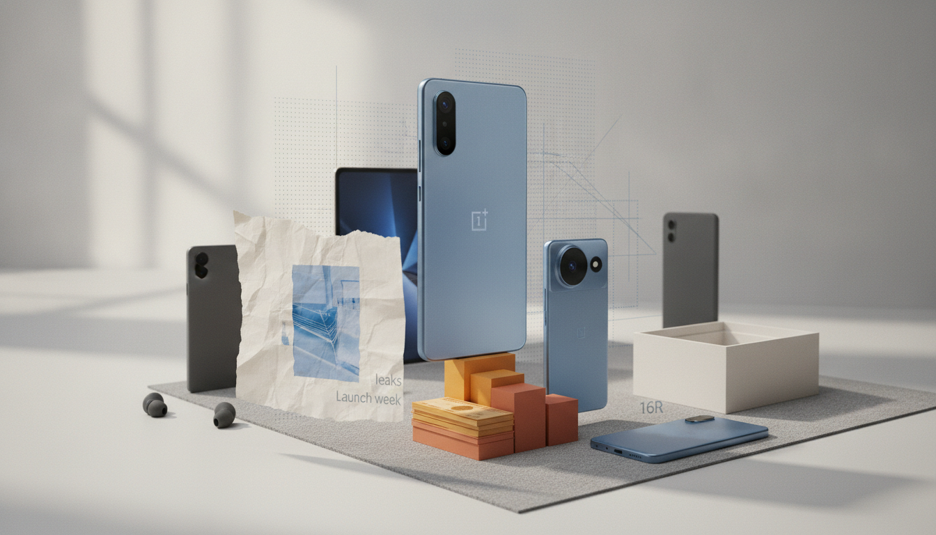 Several smartphones stand on a tabletop beside a crumpled paper sheet, earbuds, stacked blocks, and an open box.
