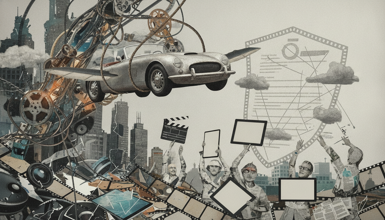 A silver convertible floats among tangled film reels, clapperboards, blank frames, clouds, city buildings, and raised hands.