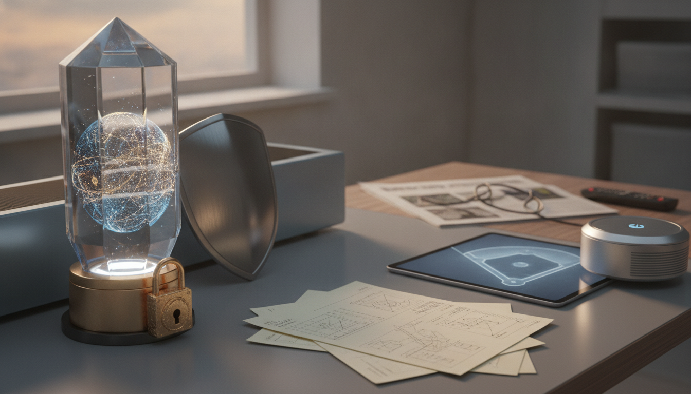 A desk with a crystal globe, a padlock, a shield, papers, a tablet showing a baseball field, a silver cylindrical device, a newspaper, and a remote.