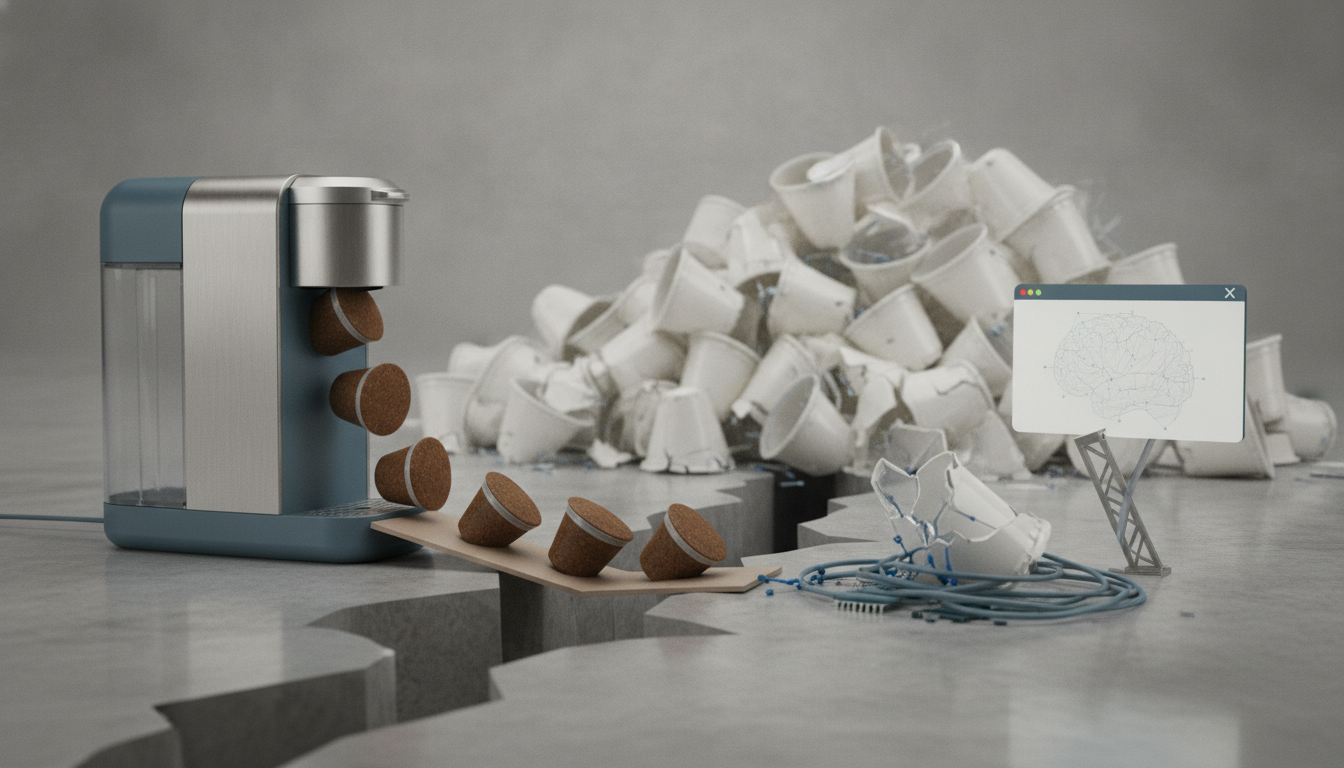 A small machine drops brown pods onto a narrow board beside a pile of white cups, broken cups, cables, and a tiny screen.
