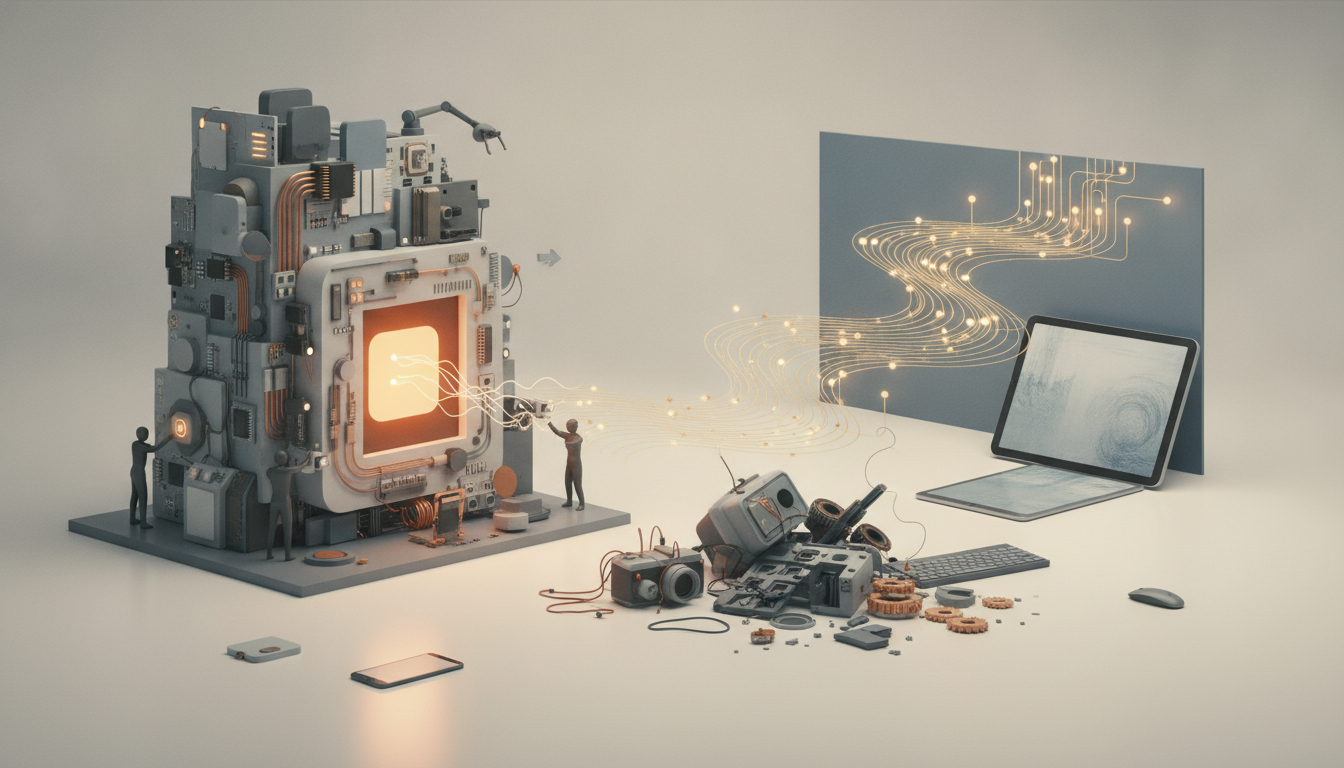 A large mechanical tower emits glowing lines toward a laptop, with small figures and scattered parts on a plain surface.