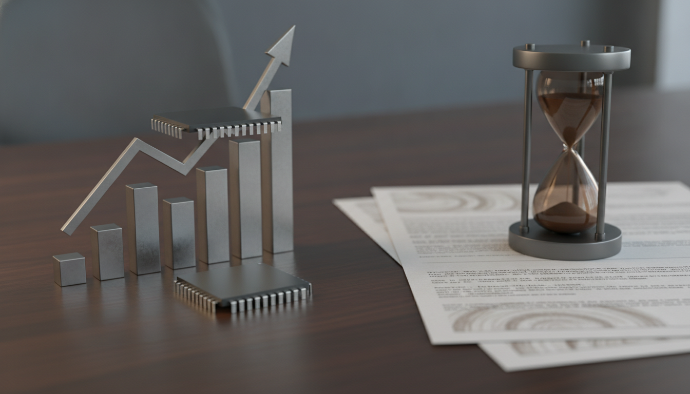 metal bar chart with an upward arrow beside an hourglass on papers