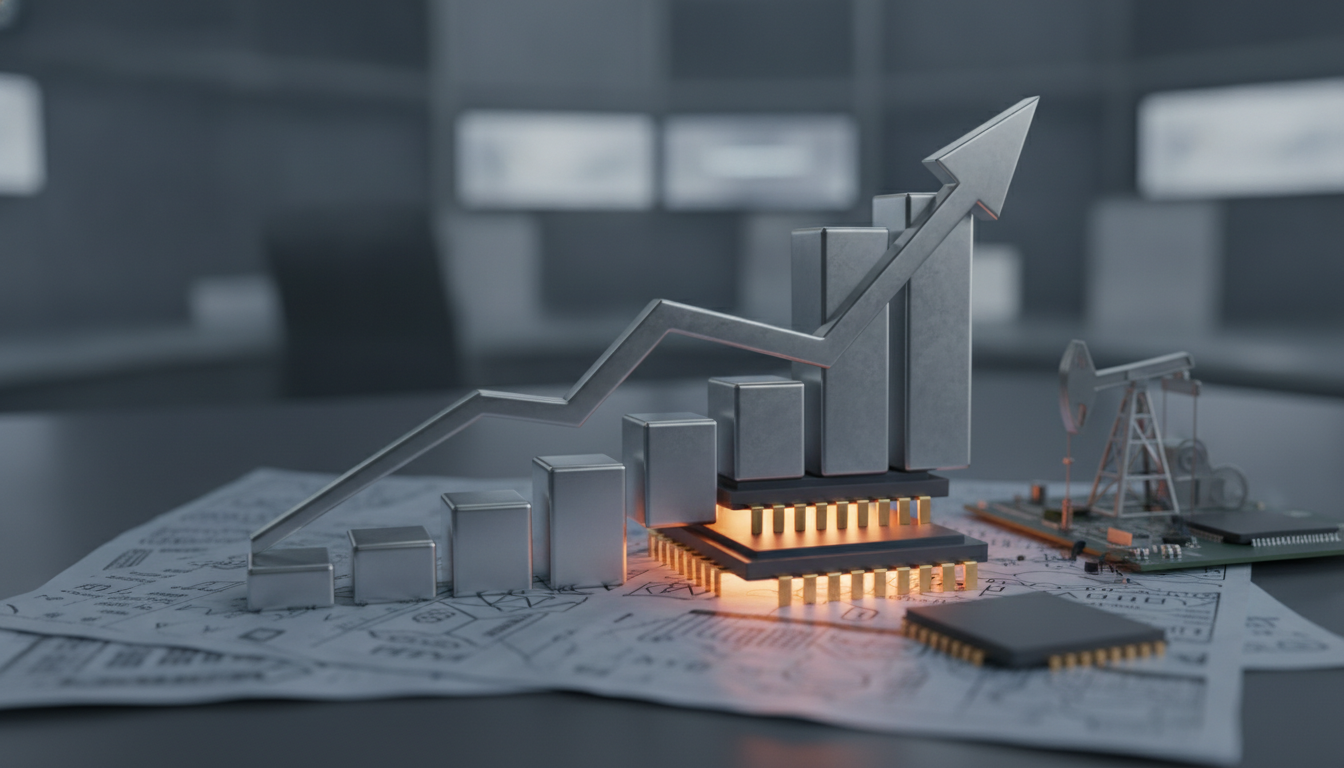 Metallic bars rise with an upward arrow over glowing circuit chips and papers on a desk.