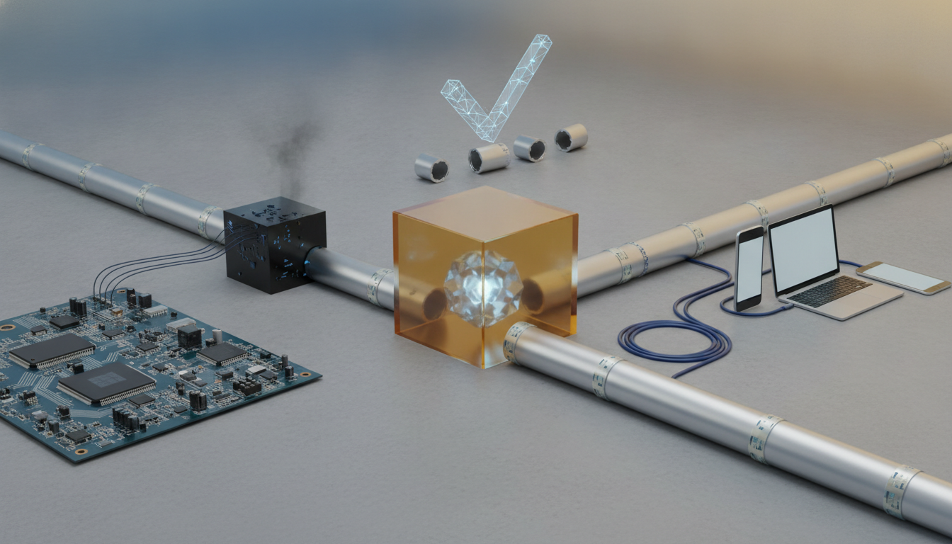 A metallic pipe network connects a glowing amber cube, a smoky black block, a circuit board, and several devices with cables nearby.