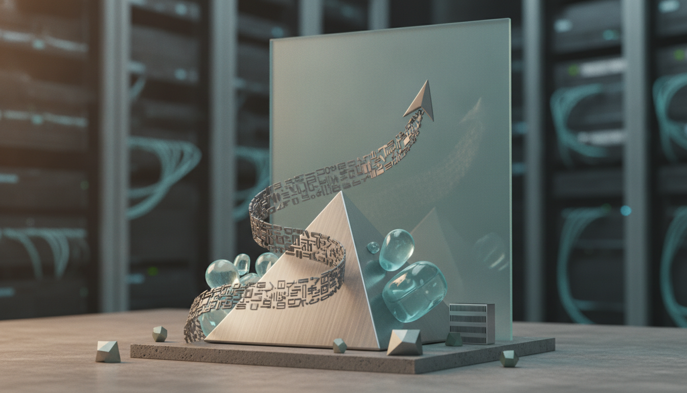 A metallic spiral wraps around a pale pyramid beside clear glass spheres and a tall panel on a tabletop.