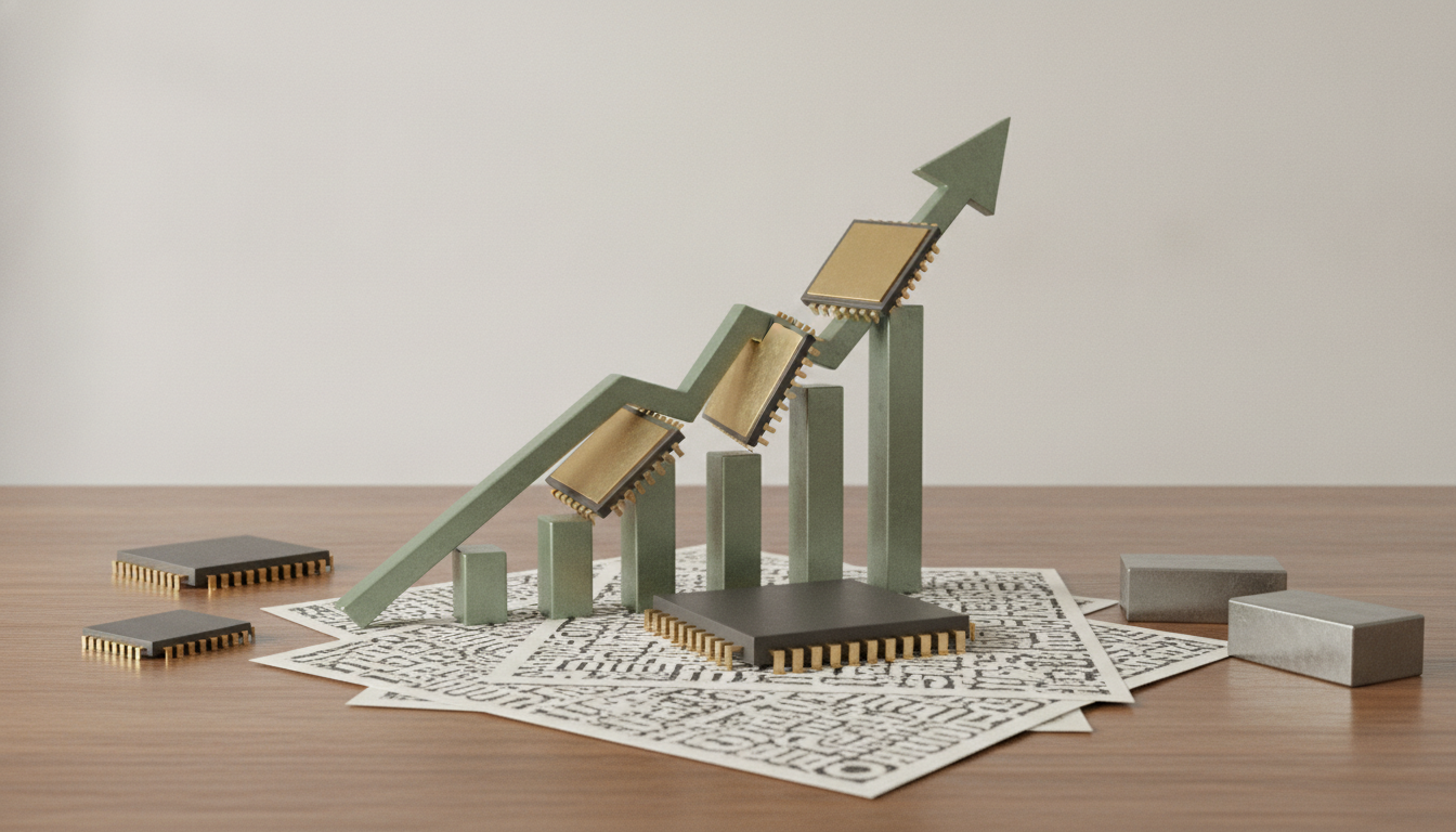 A green arrow graph with microchips on it, above bar columns, rests on patterned papers, surrounded by loose microchips and silver blocks on a wooden table.