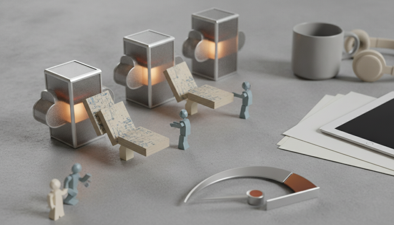 Three small glowing cube lamps, two tiny wooden lounge chairs, several figurines, a mug with headphones, stacked papers with a tablet, and a curved gauge on a gray surface.