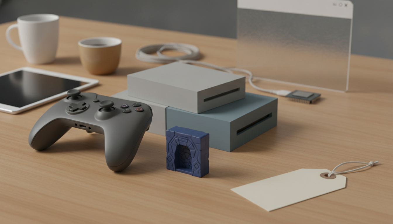 Two minimalist console-like devices, a gray game controller, a blue archway block, a tablet, two mugs, a cable, and a tag are on a wooden desk.