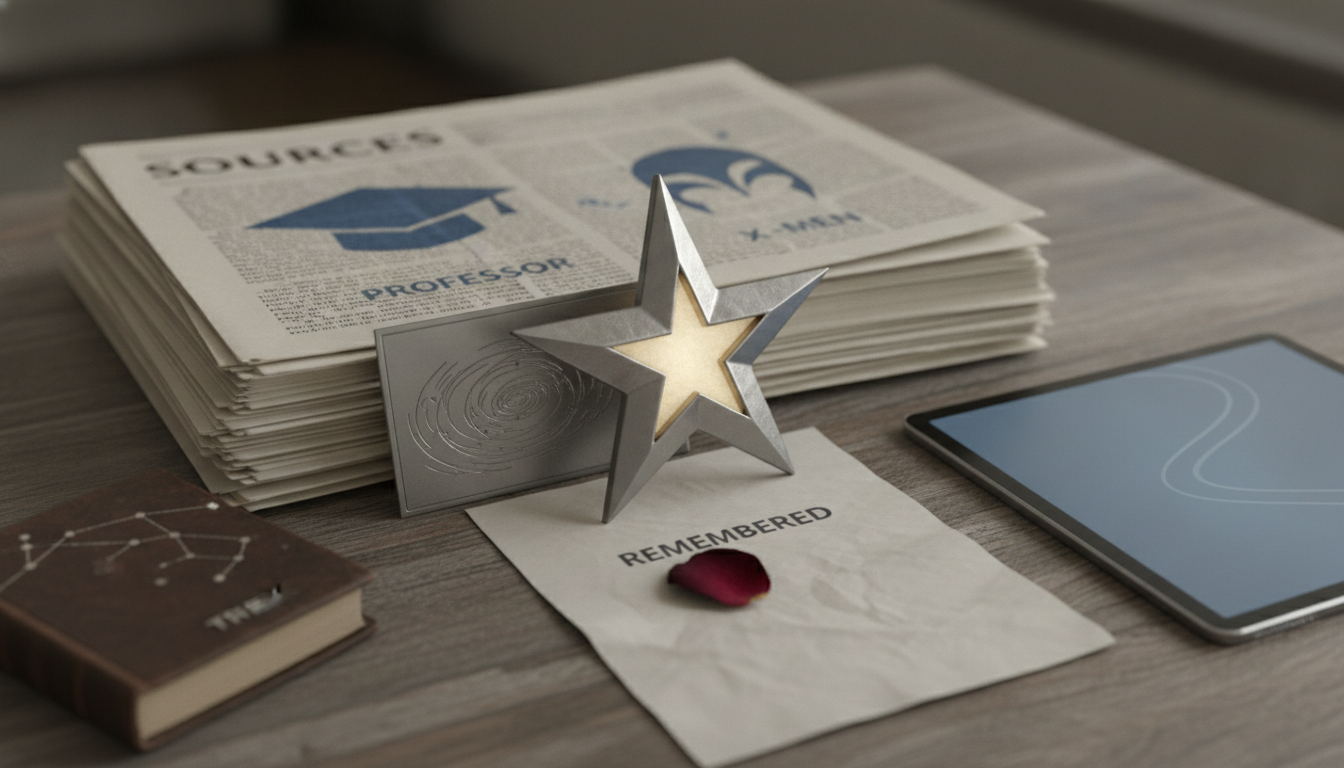 A stack of newspapers, a star-shaped award, a spiral-patterned plaque, a note reading 