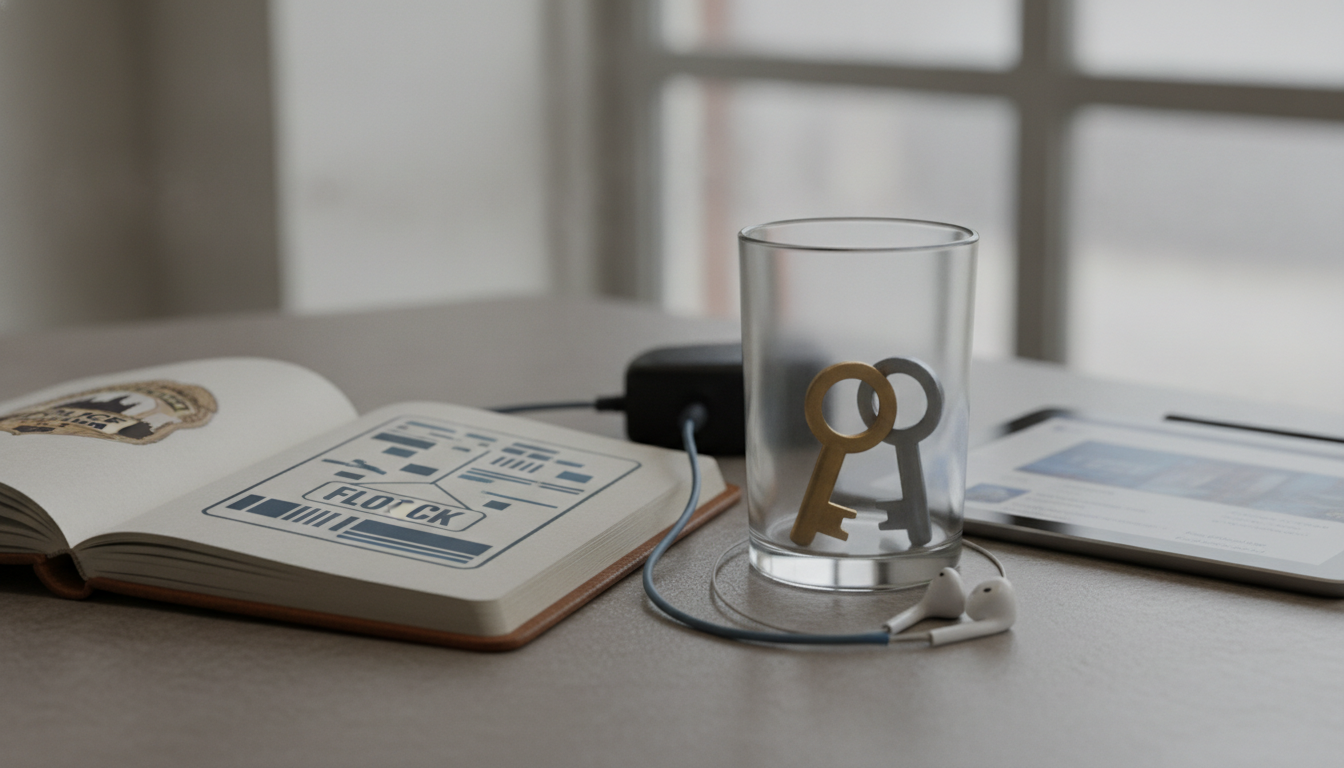 An open notebook, a black device with white earbuds, a glass holding gold and silver key-shaped objects, and a tablet are on a table, with a blurred window in the background.