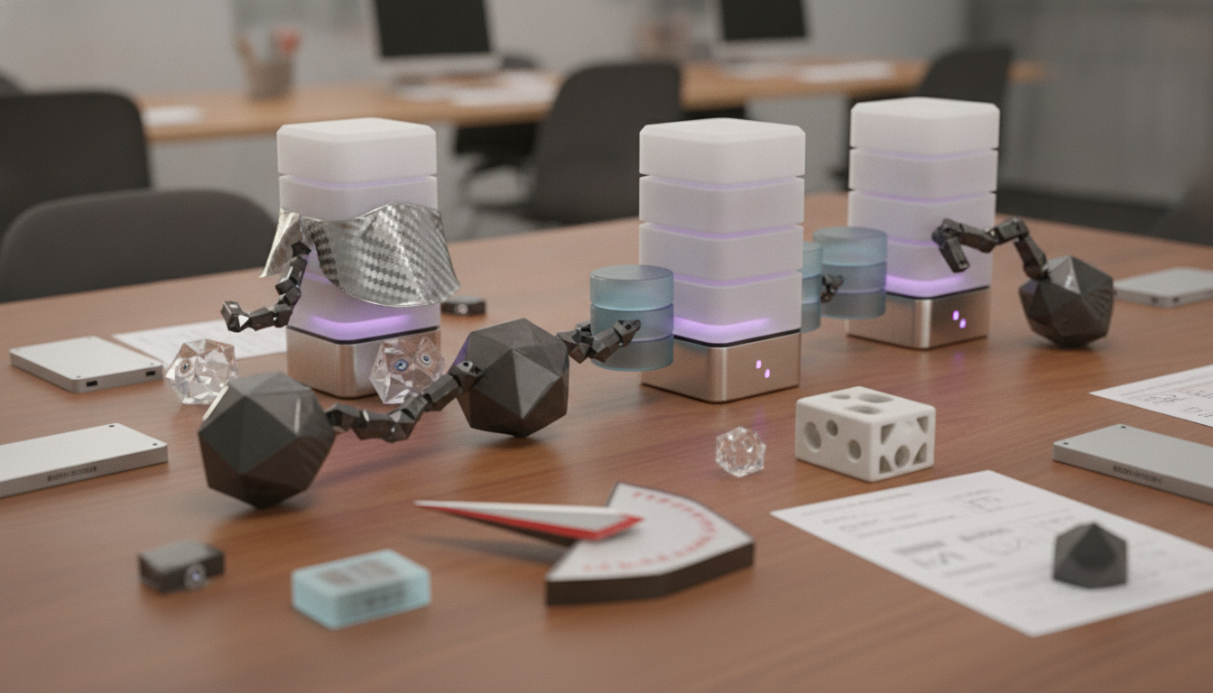 Three server-like devices with robotic arms and various geometric shapes are arranged on a wooden office table with papers and other small objects.
