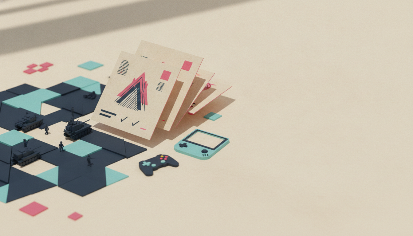 Paper cards stand among dark tiles, small figures, tanks, and game controls on a beige surface.