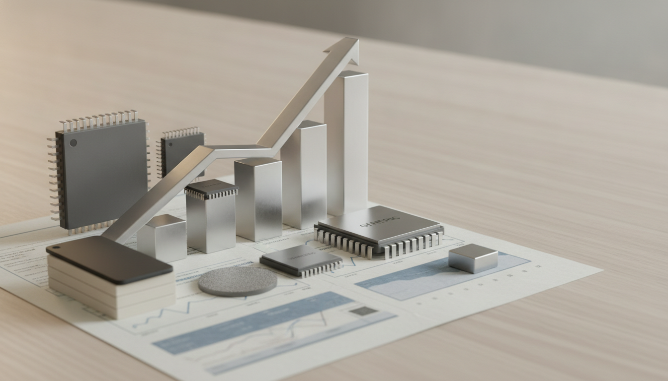 A paper with charts and graphs features silver bar graphs and an upward arrow, surrounded by various computer chips, a stack of papers, and other small objects.