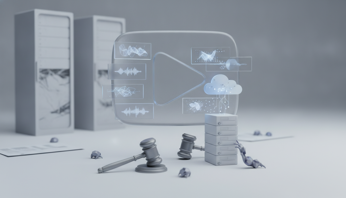 A gray play button panel with floating data screens, server towers, and two gavels on a white surface.