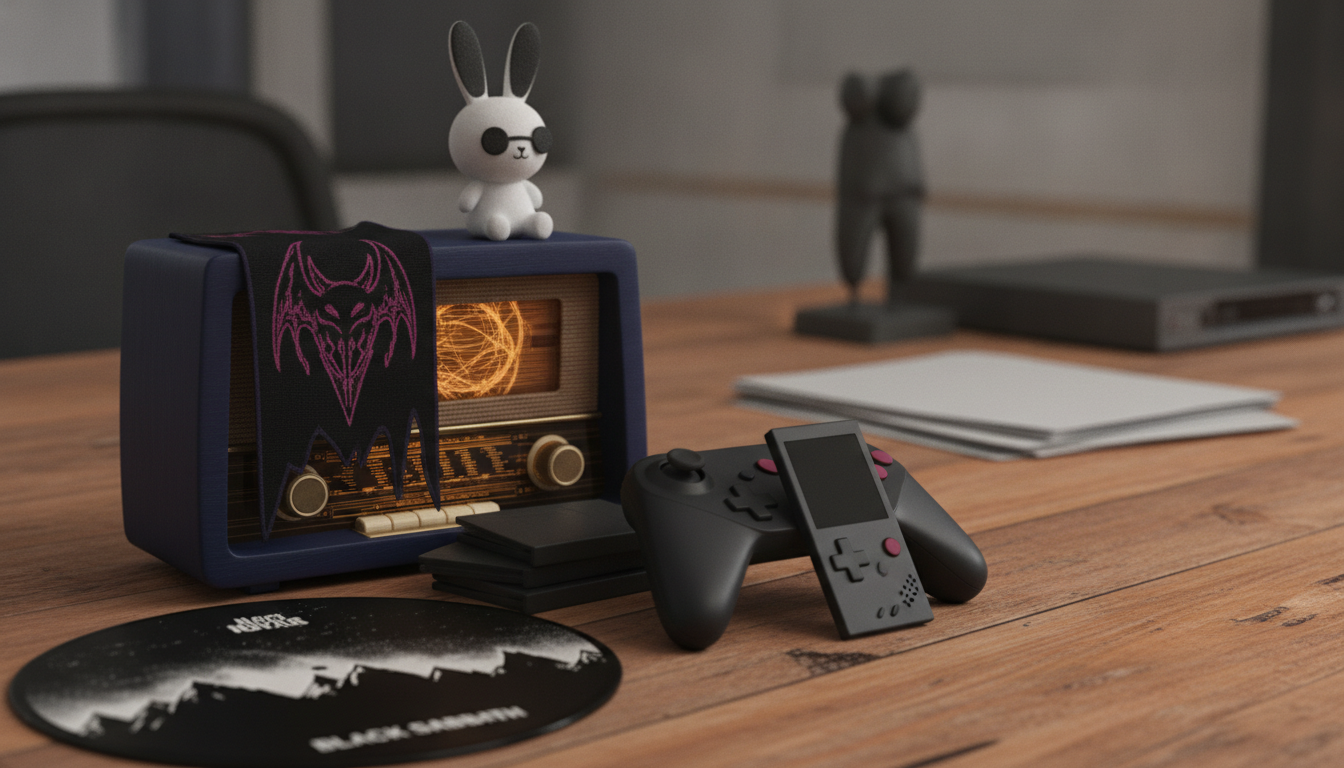 A small retro radio with glowing orange details sits beside a game controller, handheld device, stacked cards, and a white rabbit figurine on a wooden table.