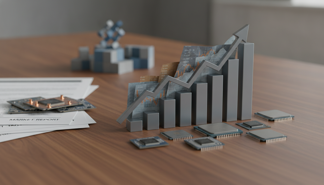 Gray rising bars with an upward arrow stand on a wooden desk beside scattered microchips and papers.