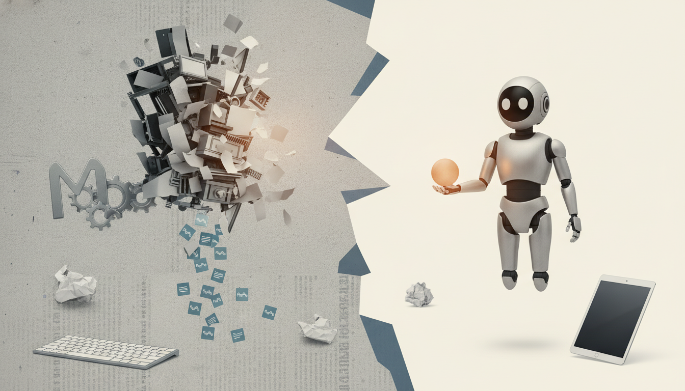 A small robot holds a glowing orb beside a tablet, with scattered papers, a keyboard, and floating fragments on a textured background.
