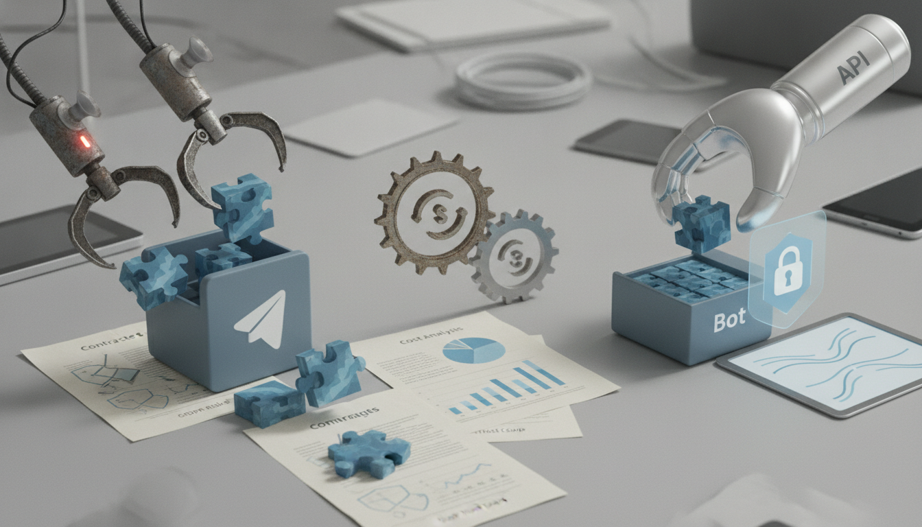 metal robotic claws place blue puzzle pieces into two small boxes on a desk with papers, gears, and a glowing lock icon