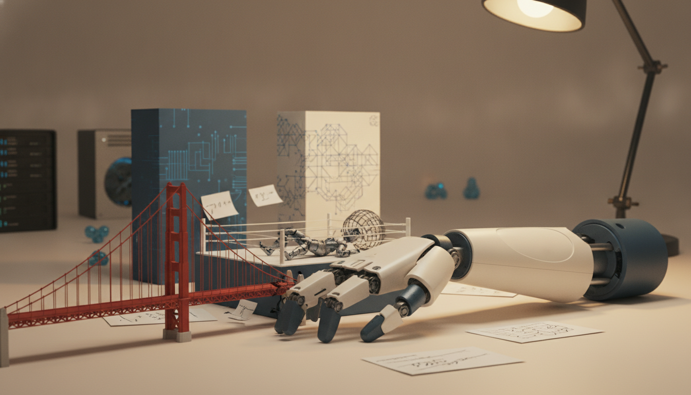 a robotic hand reaches across a desk toward a red suspension bridge model with papers and geometric panels behind it