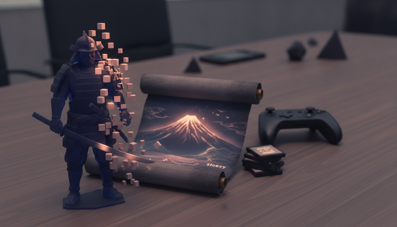 A blue samurai figurine stands beside a glowing sword, a rolled print, a game controller, and stacked cartridges on a table.