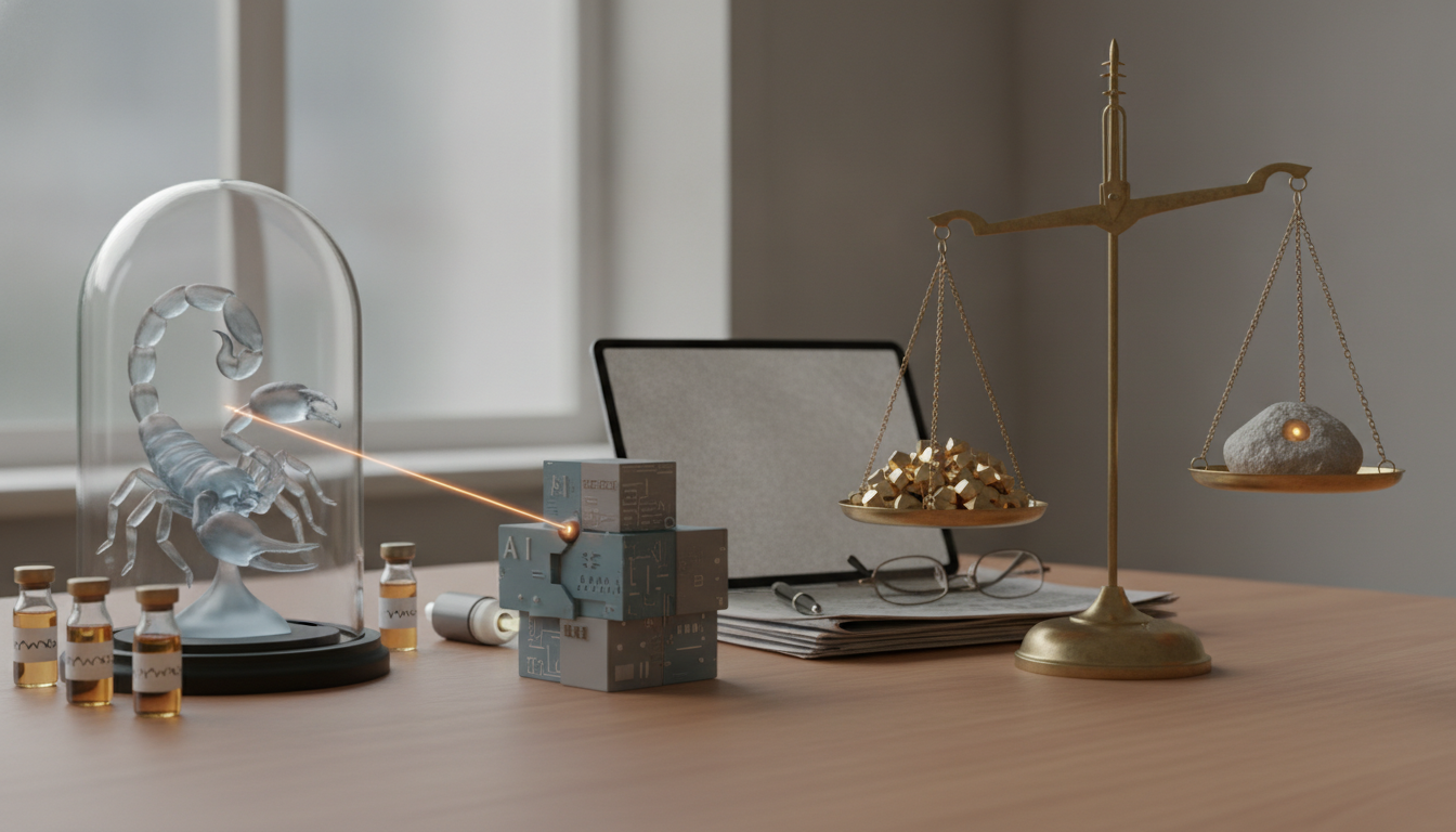 A glass scorpion under a bell jar aims a laser at stacked AI cubes, while a balance scale weighs gold nuggets against a glowing rock on a wooden desk.