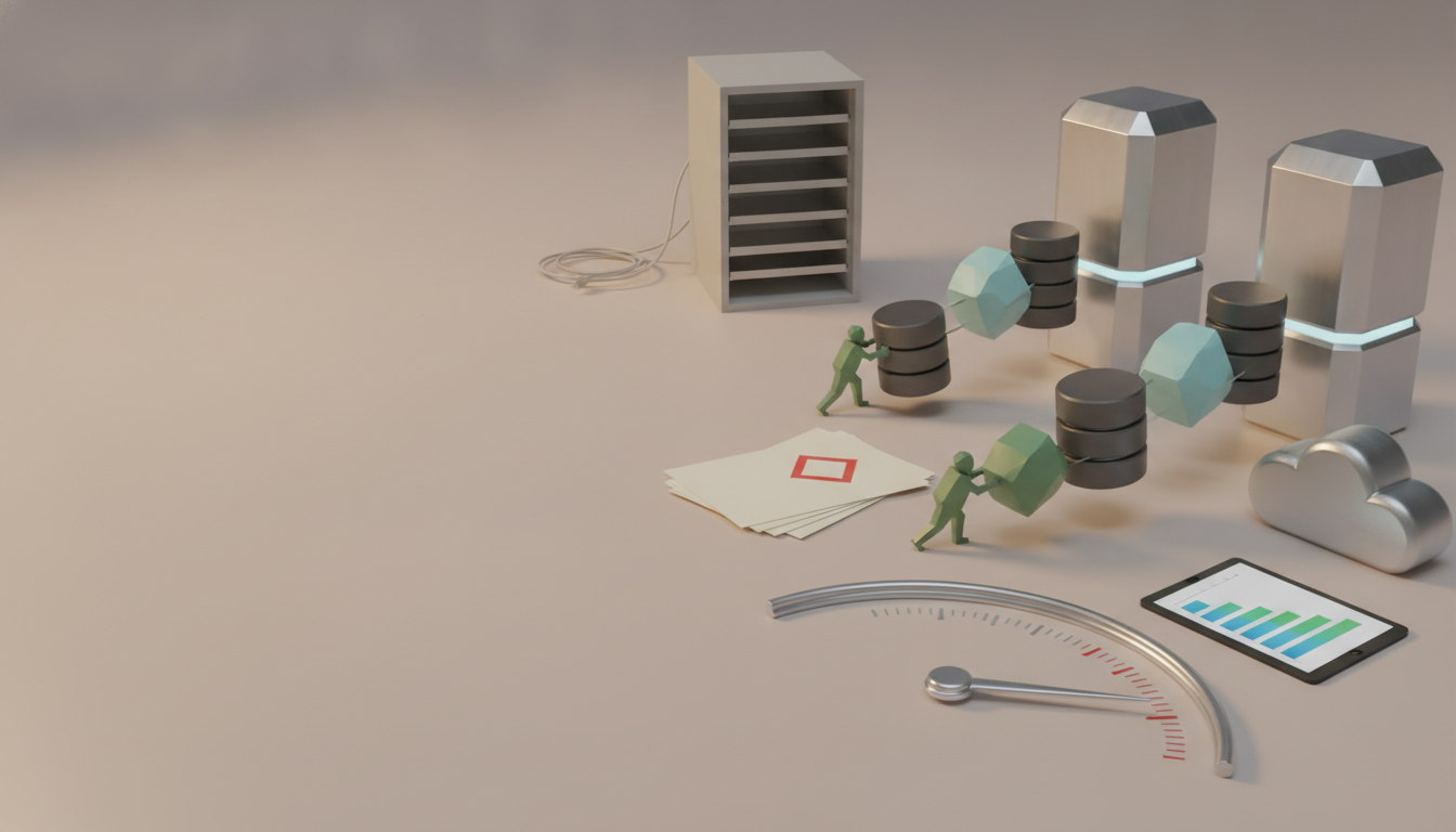 Low-poly figures push data between server racks, database icons, and cloud storage, with papers, a tablet showing a bar chart, and a speedometer indicating high speed.