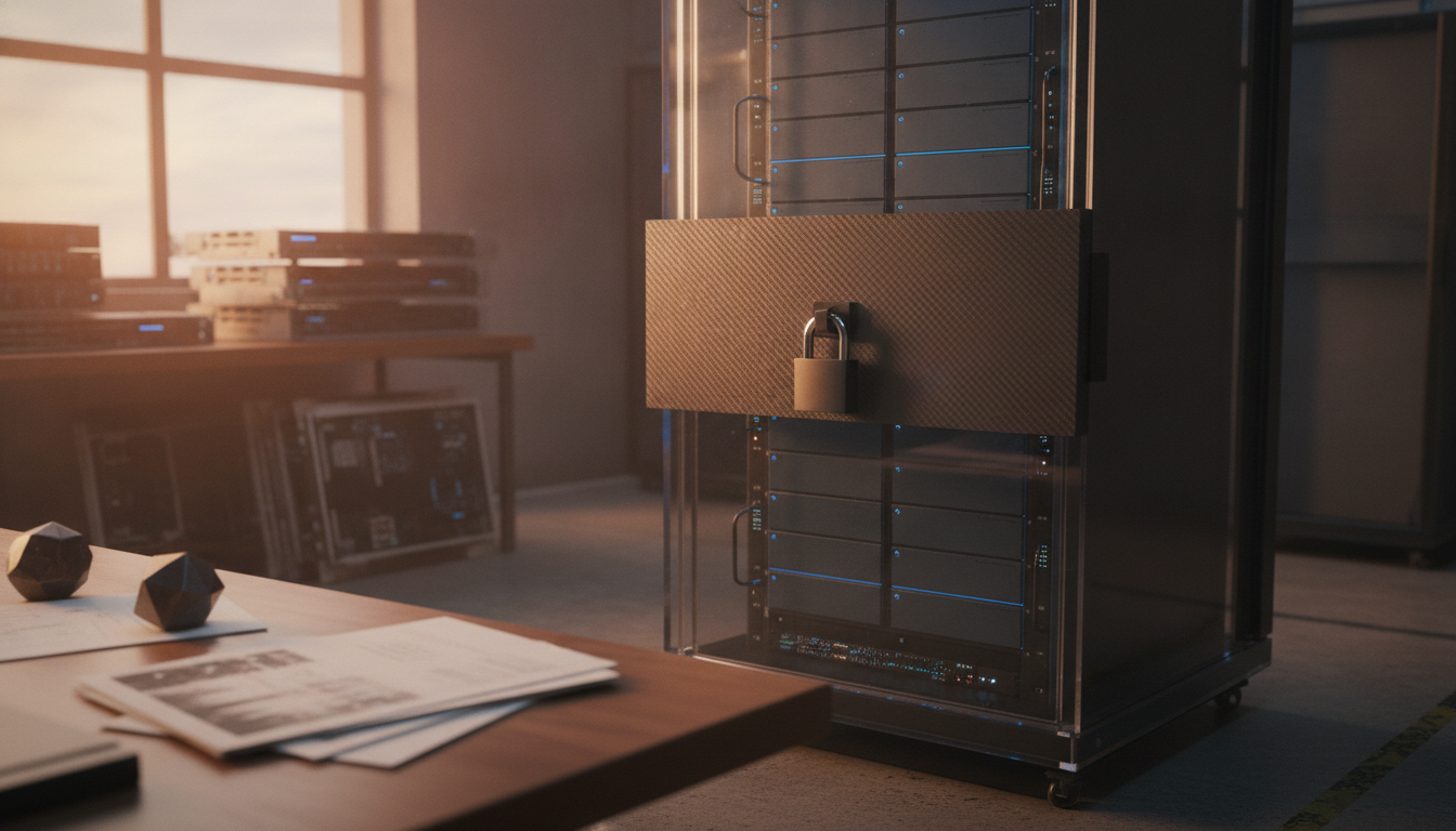 A server rack with a padlock on a carbon fiber panel stands in a room with a desk, papers, geometric objects, and electronic equipment near a bright window.