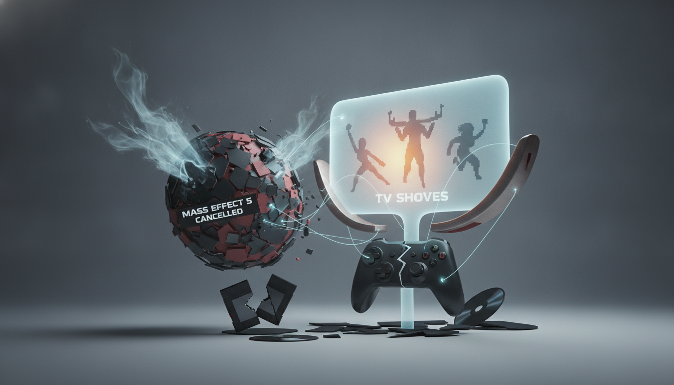 A smoking, shattered sphere with 'MASS EFFECT 5 CANCELLED' is wired to a broken game controller and a glowing screen showing 'TV SHOVES' and pixelated figures.