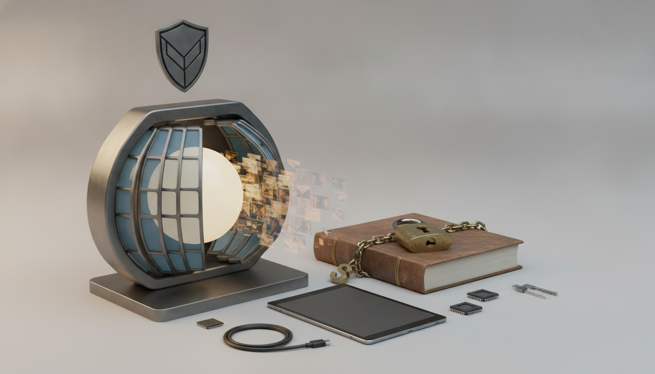 A metallic shield-shaped device projects glowing square fragments beside a chained book, tablet, small chips, and a cable on a plain surface.